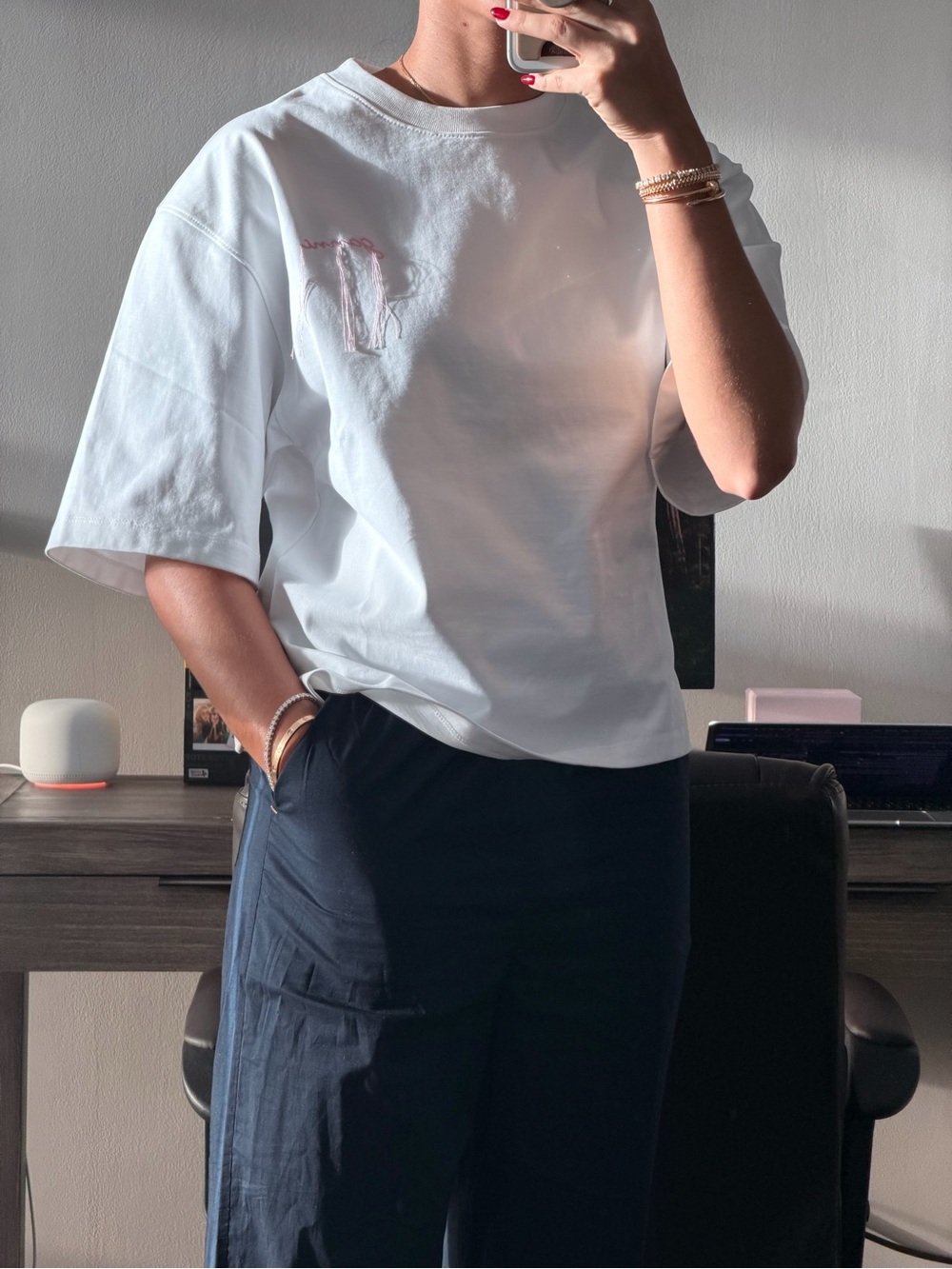 Ganni White Short-Sleeve Boxy Tee with Subtle Pink Embroidery